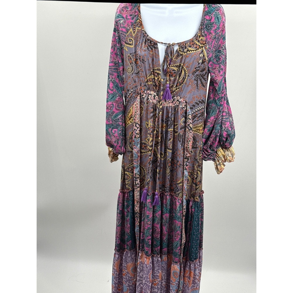 Boho Mixed Paisley Floral Tiered Maxi Dress Purple Pink Tassel Tie Waist Women - Picture 1 of 10